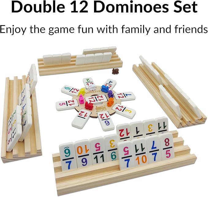 Mexican Train Dominoes Set with Numbers and 4 Wooden Racks, Double 12 Domino Travel Set with Wooden Hub, 91 Colored Domino Tiles Game Set with for Family Game Night