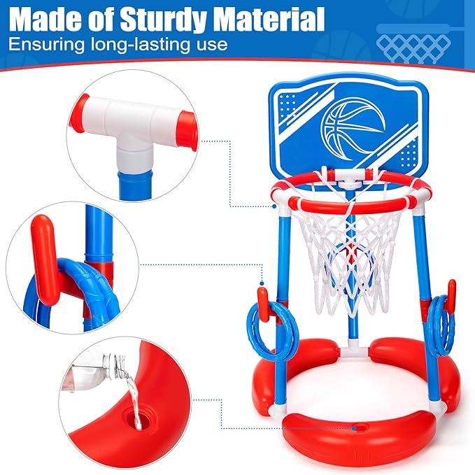 Pool Basketball Hoop, 2-in-1 Poolside Floating Pool Basketball Game, Swimming Pool Games for Kids Adults Indoor Outdoor Play, Water Play Toy Family Party, Includes Hoop, Balls, Pump, Backboard