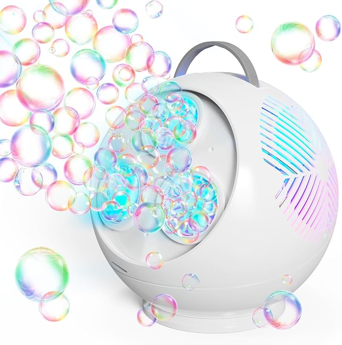 Bubble Machine Automatic Spherical Bubble Blower for Kids Rechargeable Portable LED RGB Lights Bubble Maker Auto Rotating 45°/360° Outdoor for Birthday Party Wedding Crackle White (White)