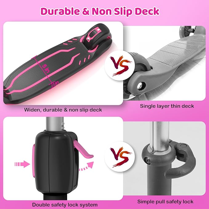 TONBUX Kids Scooter, Light Up 3 Wheel Kick Scooters for Kids 3-12, Folding Scooters with Adjustable Height - Toddler Scooter Lean-to-Steer & Widen Anti-Slip Deck