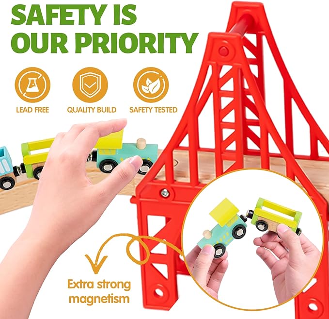 40 Pcs Wooden Train Set for Kids Ages 4-8, Wood Train Track with Magnetic Toy Train Accessories for Toddlers 3-5 Year Old Boy & Girl, Railway Set Road Sign Fit Major Brand Christmas Toy