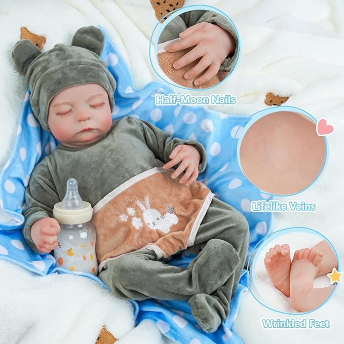 BABESIDE Lifelike Reborn Baby Dolls with Bassinet - 17 Inch Full Vinyl Body Realistic Newborn Baby Doll Boy Real Life Baby Dolls with Basket & Feeding Kit Gift Box for Kids Age 3+