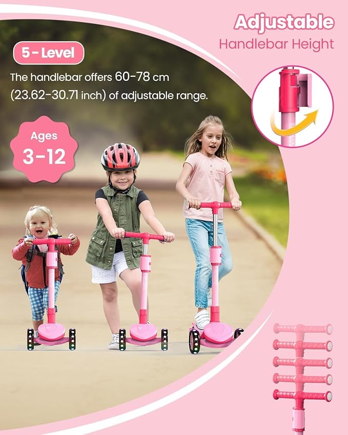 2-in-1 Adjustable Kick Scooter for Kids 3-5 (Suitable 3-12 Years),5-Level Handlebar & Removable Seat, LED Light-Up Wheels, Wide Deck, Foldable Design for Indoor/Outdoor Use - Girls & Boys