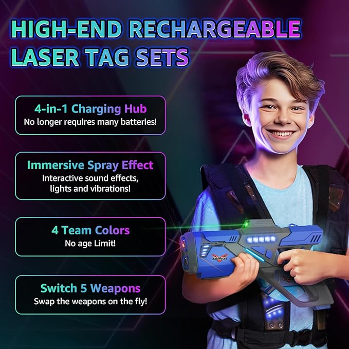 Rechargeable Lase r Tag Set with Vests, Upgrade Lase r Tag Guns Set of 4, Multi Player Lase r Tag Set for Kids Toy for Teen Boys & Girls, Indoor&Outdoor Toy Gift,Ages 8+,Black+White
