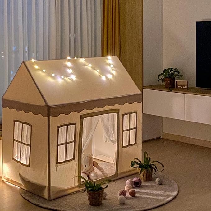 PETITE MAISON Kids Play House Tent with 100% Cotton Fabric & 5 Windows - Hand Made Premium Quality Play Tent for Indoor & Outdoor - Light and Easy to Assembly - Best Birthday Gift - Vely Beige