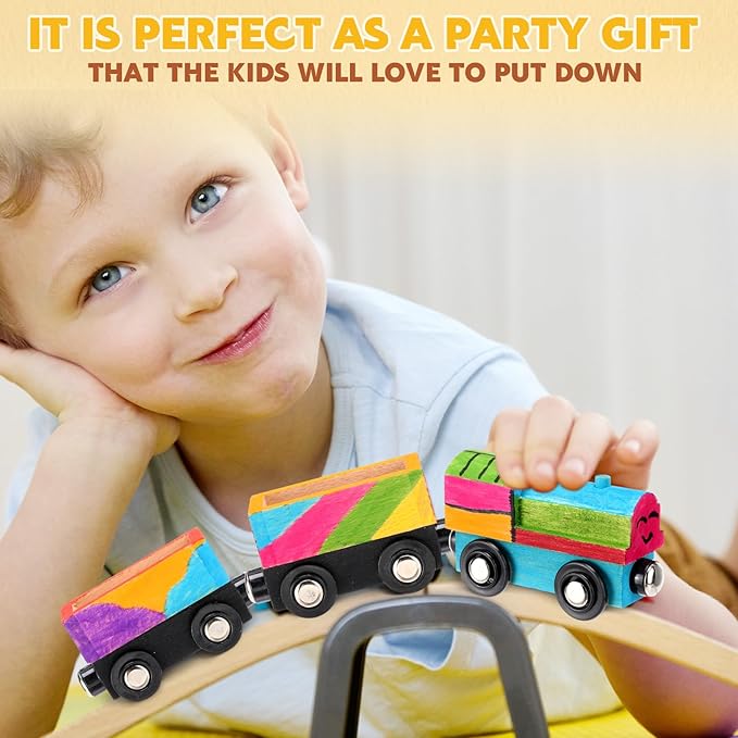 Lenwen 26 Pcs Unpainted Magnetic Wooden Trains Cars Unfinished Party Favors Wood Train Set for Birthday Party Supplies Paint Project Craft DIY Decorations(Load Style)