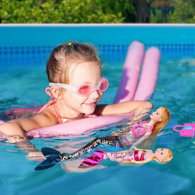 Magical Mermaid Dolls Set for Girls 4-7 - Princess Twin Dolls with Color-Changing Purple Dolphin, Summer Outfits & Sparkling Accessories (Crown, Flip Scales, Starfish Comb) Water Play Birthday Gift