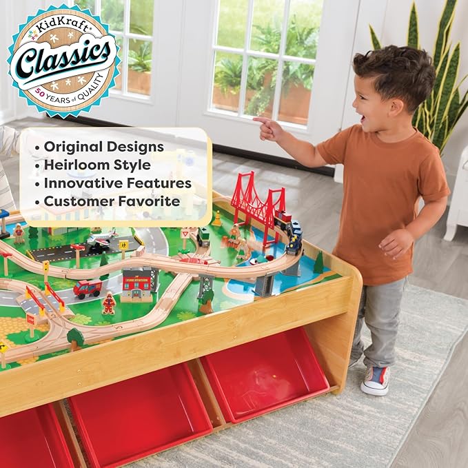 KidKraft Waterfall Mountain Wooden Train Set & Table with 120 Pieces, 3 Storage Bins