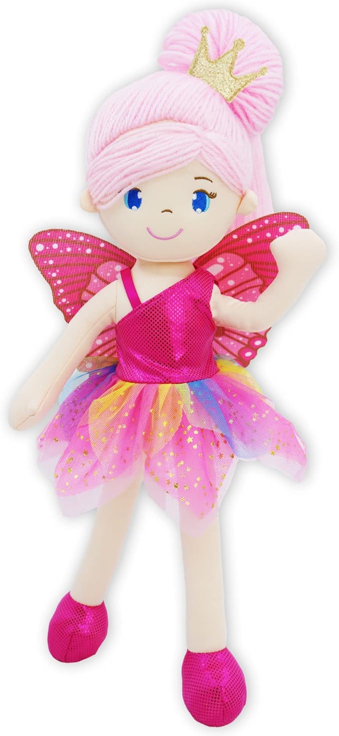 June Garden 16" Enchanted Garden Fairy Doll Siofra - Plush Stuffed Soft Doll Girl Gift - Fushia Outfit and Wings