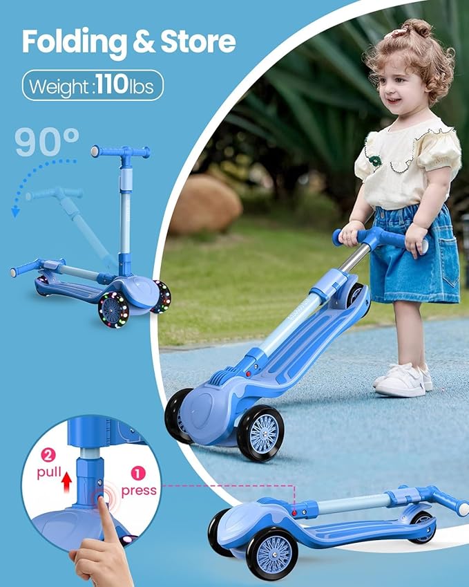 2-in-1 Adjustable Kick Scooter for Kids 3-5 (Suitable 3-12 Years),5-Level Handlebar & Removable Seat, LED Light-Up Wheels, Wide Deck, Foldable Design for Indoor/Outdoor Use - Girls & Boys