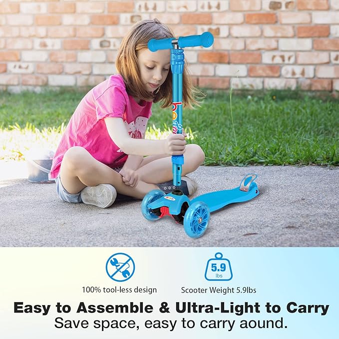 BELEEV A2 Scooters for Kids 3 Wheel Kick Scooter for Toddlers Girls Boys, 4 Adjustable Height, Lean to Steer, Light up Wheels, Extra-Wide Board, Easy to Assemble for Children Gift Sport Toys Ages 3-12