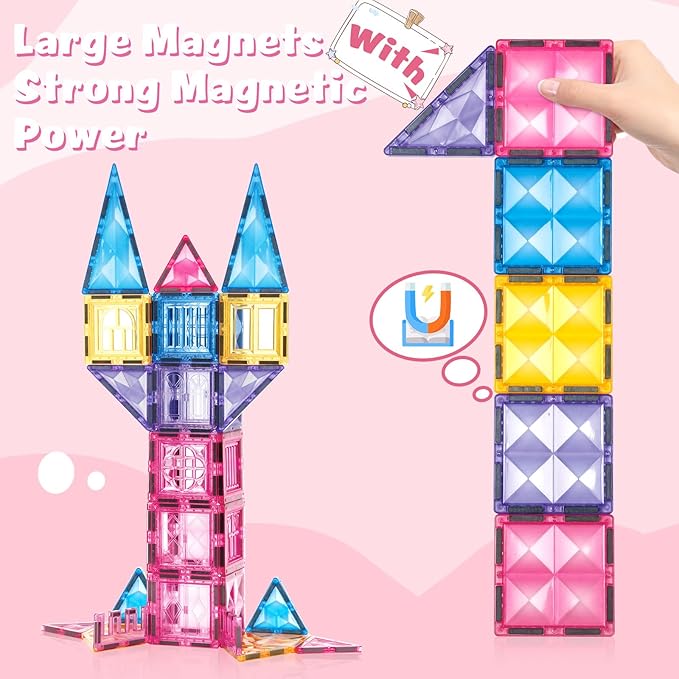 Pink Castle Magnetic Tiles for Kids Ages 3-8, 3D STEM Toys with Sparkling Building Blocks, Creative Educational Gift for Boys and Girls, Preschool Learning Toys for Birthday