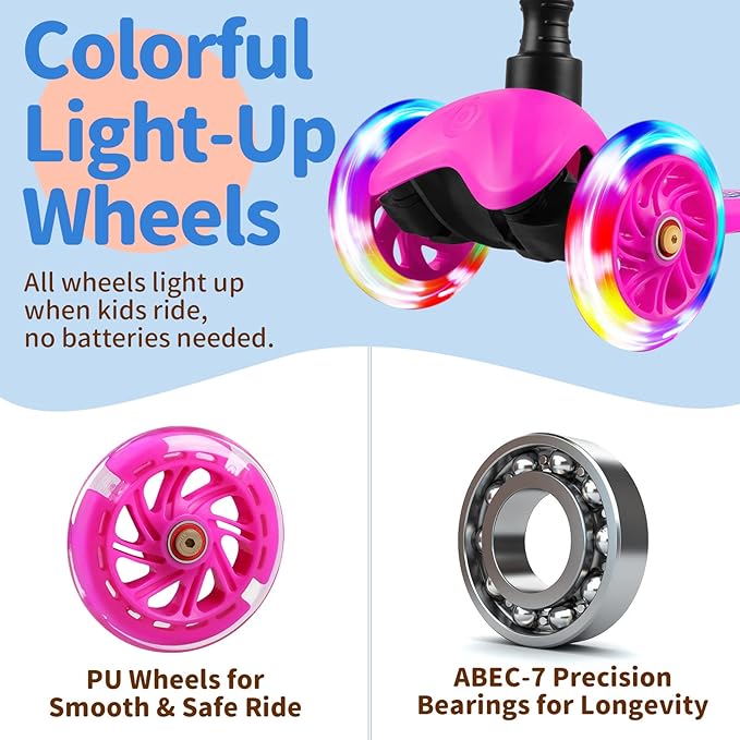 BELEEV A1 Scooter for Kids Ages 2-6, 3 Wheel Kick Scooter for Toddlers Girls Boys, Light up Wheels, Adjustable Height, Lean to Steer, Non-Slip Deck, Lightweight Push Scooter for Children