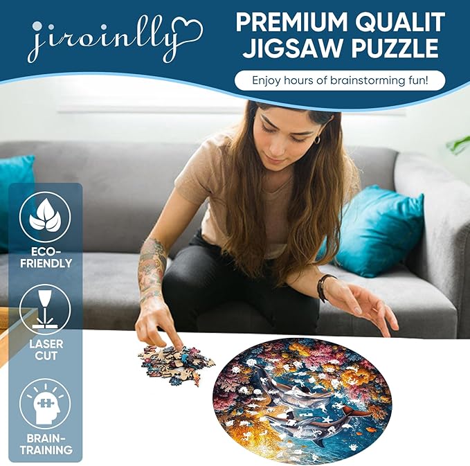 Wooden Puzzles for Adults, Dolphin Wooden Jigsaw Puzzles 500 Pieces, Royal, 16.5 in Unique Shape Ocean Puzzle, Irregular Puzzle Creative for Adults and Kids Family Games