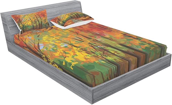 Ambesonne Rustic Fitted Sheet & Pillow Sham Set, North Woods Falling Leaves Fall Park Road Autumn Leaves Seasonal Colors Romantic, Decorative Printed 3 Piece Bedding Decor Set, Full, Orange and Green