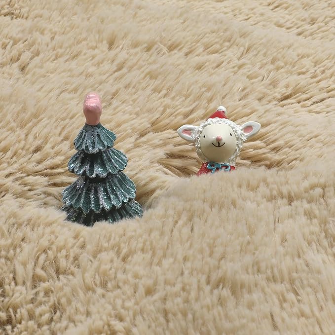 Amdrebio Beige Round Area Rugs 5Ft for Bedroom, Fluffy Plush Shag Furry Circle Rug for Kids Room, Living Room Decor Aesthetic, Fuzzy Circular Tan Neutral Carpet for Teens Baby Nursery Playroom Dorm