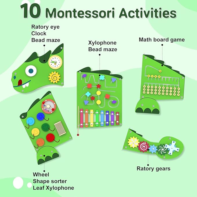 Activity Wall Panels for Kids: Dinosaur Sensory Wall Board for 3+ Years with 10 Activities - Wooden Decor for Toddler Playrooms Bedrooms Daycares