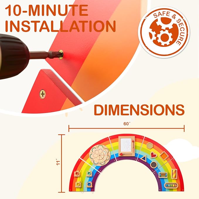 Monläurd® Wooden Rainbow Busy Board - Sensory Wall Activity Panel for Toddlers & Babies, Fine Motor Skills Development, Educational Screen-Free Toy for Playroom, Nursery, Daycare
