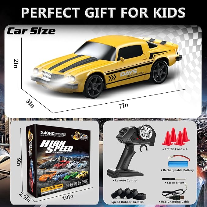 RC Drift Car 1:24 Remote Control Car 4WD 15KM/H High Speed Racing Sport Car with LED Lights RC Cars Toy Cars for Kids Boys Girls Adults Gifts Birthday Christmas Rechargeable Batteries