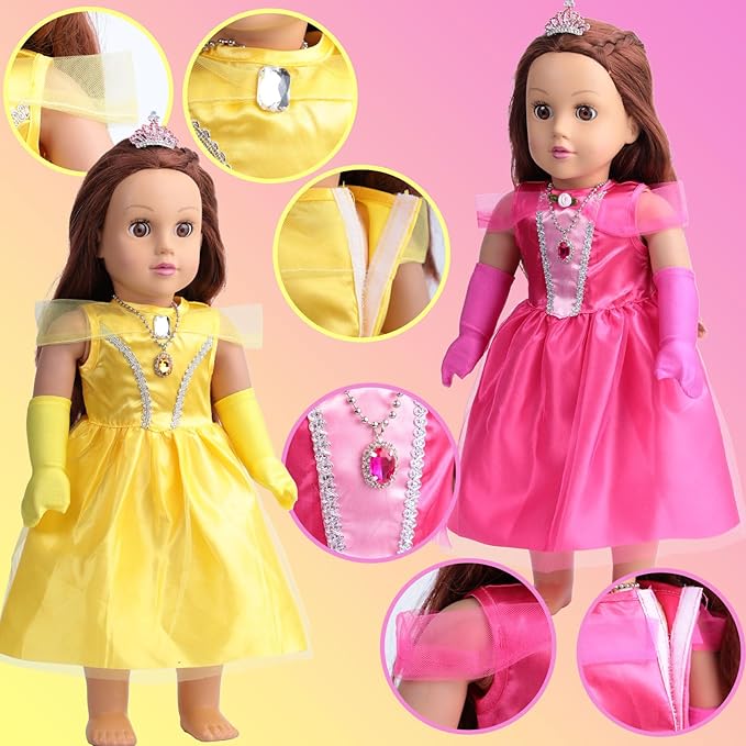 18-Inch Doll Clothes and Accessories – 6-Pack Princess Dress Set for 18” Dolls, Includes Crowns, Necklaces, Gloves & Headbands, Fits American 18 Inch Girl Dolls