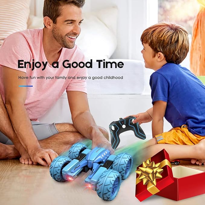 Remote Control Car Boy with Headlight, Hobby RC Car Stunt Kids Toy Gift for Boys Girls 6+ Years, Electric 4WD 2.4Ghz Double Side Rotating Race Vehicle 360° Flips Offroad Birthday Xmas