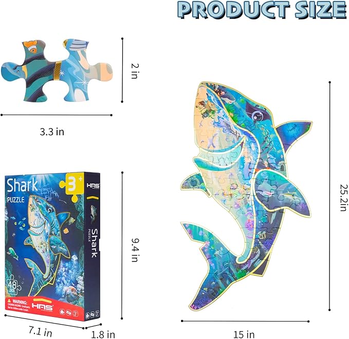 HAS Happiness and Surprise Floor Puzzles for Kids Ages 3-8, Double-Sided Shark Shape Puzzle, Ocean World Puzzles, 48 Pieces Children Jigsaw Puzzle for Boys and Girls Gifts
