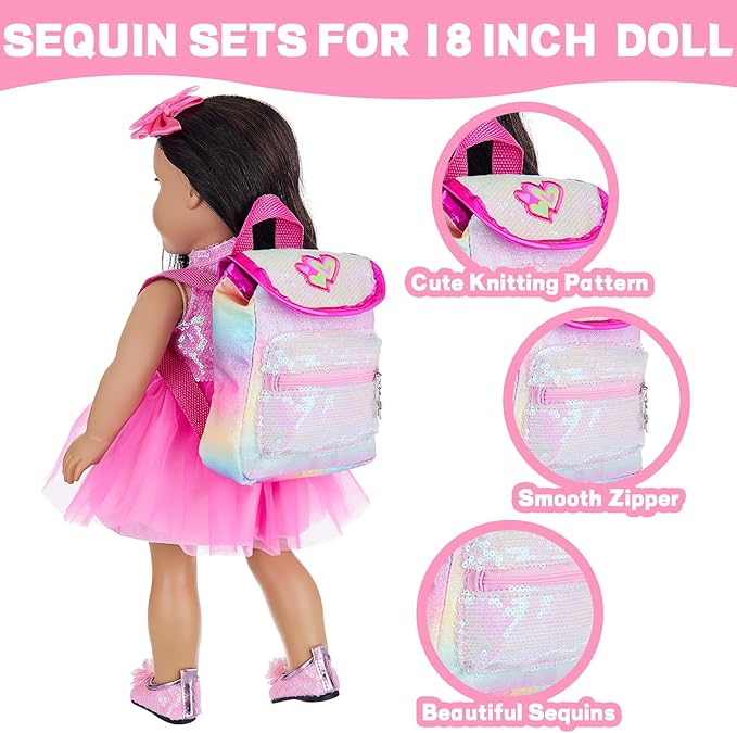 American 18 Inch Doll Clothes and Accessories, Sequin Doll Backpack Accessories Set Included 18 inch Girl Doll Backpack,Sequin Gauze Dress,Doll Shoes,Bow Knot Hairpin,Hand Chain(No Doll)
