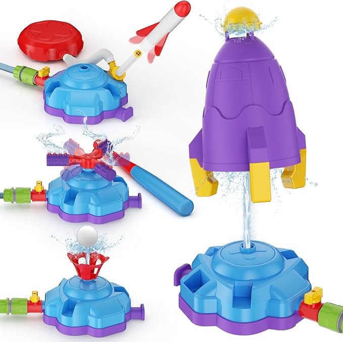 4-in-1 Sprinkler Toys for Kids, Water Outdoor Baseball Rocket Launcher Toy with Water Sprinkler Baseball Toy, Kids Outdoor Sprinkler for Summer Backyard Lawn Pool Party for Ages 3-8 (Blue)