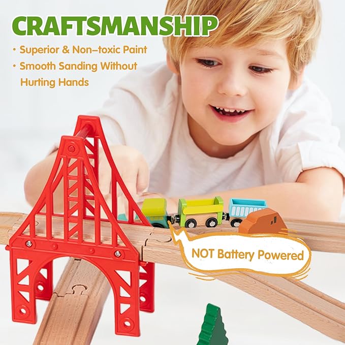 40 Pcs Wooden Train Set for Kids Ages 4-8, Wood Train Track with Magnetic Toy Train Accessories for Toddlers 3-5 Year Old Boy & Girl, Railway Set Road Sign Fit Major Brand Christmas Toy