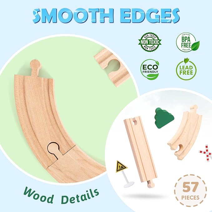 Wdmiya Wooden Train Set for Toddlers, 57 Pcs Wooden Train Track for Kids, Train Toy with Bridge and Tracks (Fits Thomas & Brio), Birthday Trains Gift for 2 3 4 5 6 7 8 Years Old (Harbor)