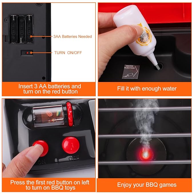 Kids Grill Playset Kitchen Toys with Apron Hat for Cooking Food Smoke Light Outdoor Pretend Play Accessories BBQ Outside Camping Barbecue Toddler Boy Toy 2 3 4 5 Year Old 4-8 Birthday Gift Valentine