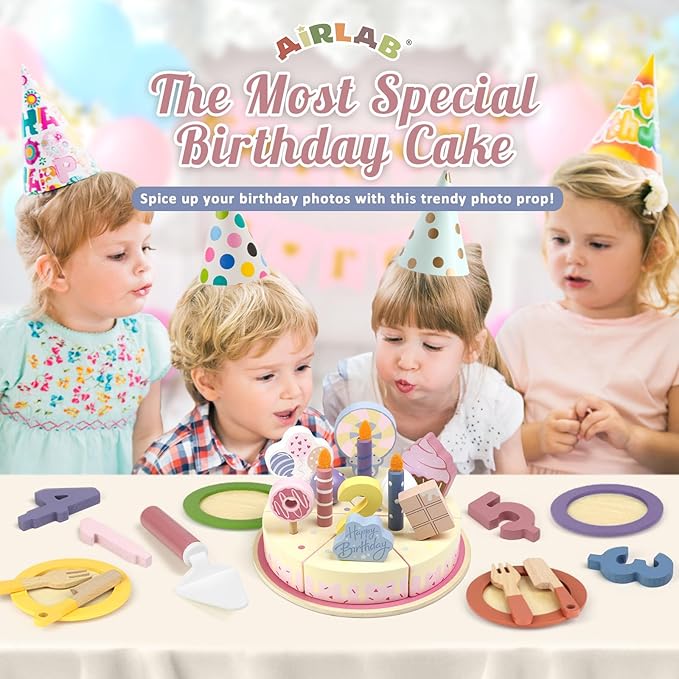 Wooden Birthday Party Cake Play Food Sets for Kids Kitchen Accessories Pretend Toy Toddlers 1-3 Party Gift Boys Girls Educational Toys