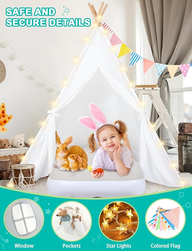 Teepee Tent for Kids Sleepover Party 2 Pack: Inflatable Airbed & Star Lights & Colored Flag - Indoor Outdoor Toddler Play Tent for Girls Boys Birthday Gifts Slumber Party (White)