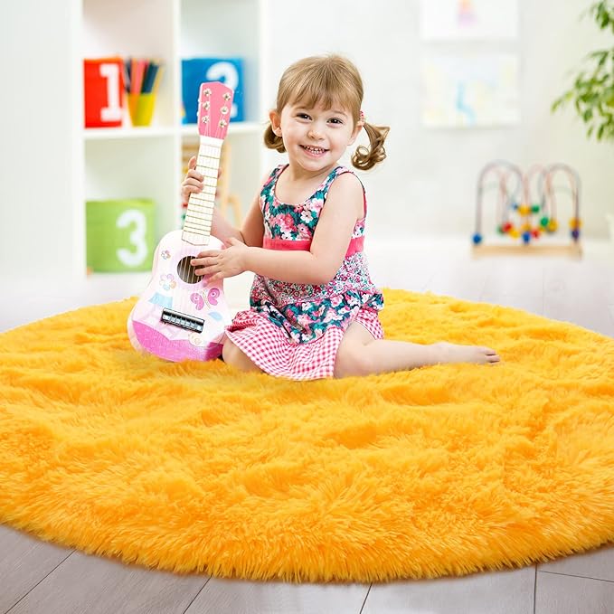 junovo Round Rug 4x4 Feet Fluffy Soft Area Rugs for Kids Girls Room Princess Castle Plush Shaggy Carpet Cute Circle Nursery Rug for Kids Girls Bedroom Baby Room Home Decor Circular Carpet, Orange