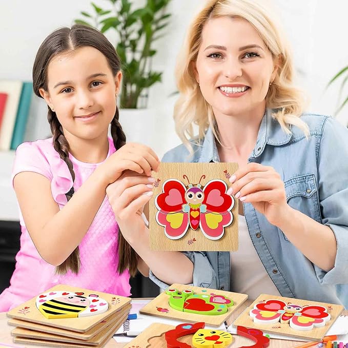 Capoda 12 Pack Valentines Animal Wooden Puzzles Wood Animal Jigsaw for Toddlers Montessori Preschool Learning Games Educational Toys for Boys Girls Classroom Exchange Gifts Party Favors