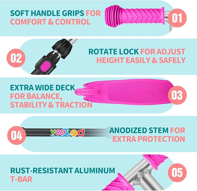 BELEEV A1 Scooter for Kids Ages 2-6, 3 Wheel Kick Scooter for Toddlers Girls Boys, Light up Wheels, Adjustable Height, Lean to Steer, Non-Slip Deck, Lightweight Push Scooter for Children