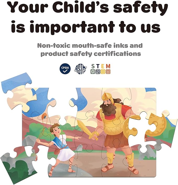 Bible Puzzles for Kids, 4-in-1 Wooden Jigsaw Puzzles in Box 15 Piece Each, Christian Religious Toys for Kids, Noah’s Ark | Daniel in The Lion’s Den | David and Goliath (Old Testament)