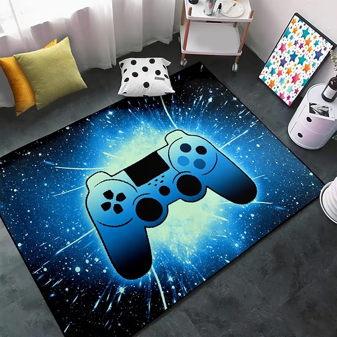 Gaming Rug for Gamer Game Room Boys Gamer Theme Carpets, Blue Galaxy Game Loading Gamepad Printed Floor Rugs for Bedroom Living Room Mat Sofa Mats,3'×4'