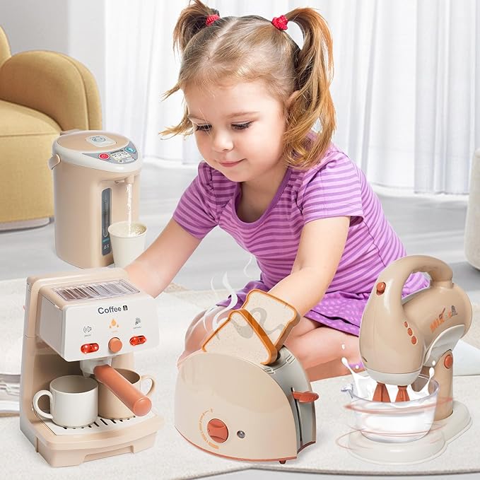 Kitchen Appliances Toy for Kids Kitchen Pretend Play Toy Play Kitchen Set with Coffee Maker Blender Espresso Machine Water Dispenser Toaster Mixer Realistic Sounds for Boys Girls 3+