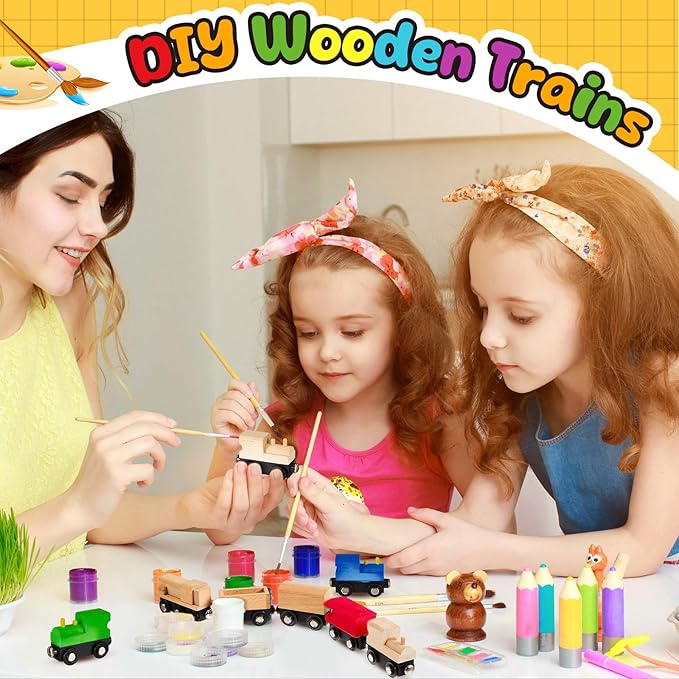 30 Pcs Vivid Unfinished DIY Wooden Trains 5 Styles Unpainted Cars Toys for Railway Paint Project Wood Trains for Birthday Party Theme Decorations Crafts Supplies