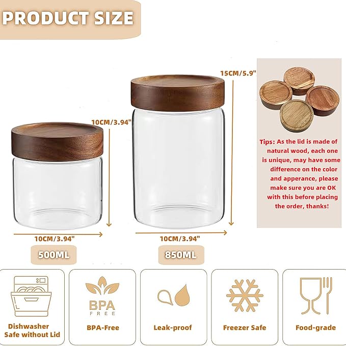 28 Fl oz/850 ml Glass Food Storage Jar, Premium Clear Glass Container Jar with Airtight Wooden Screw Lid, Kitchen Canisters for Coffee,Tea,Pasta,Cookies, Nuts,Spice,Candy,Overnight Oatmeal(Medium)