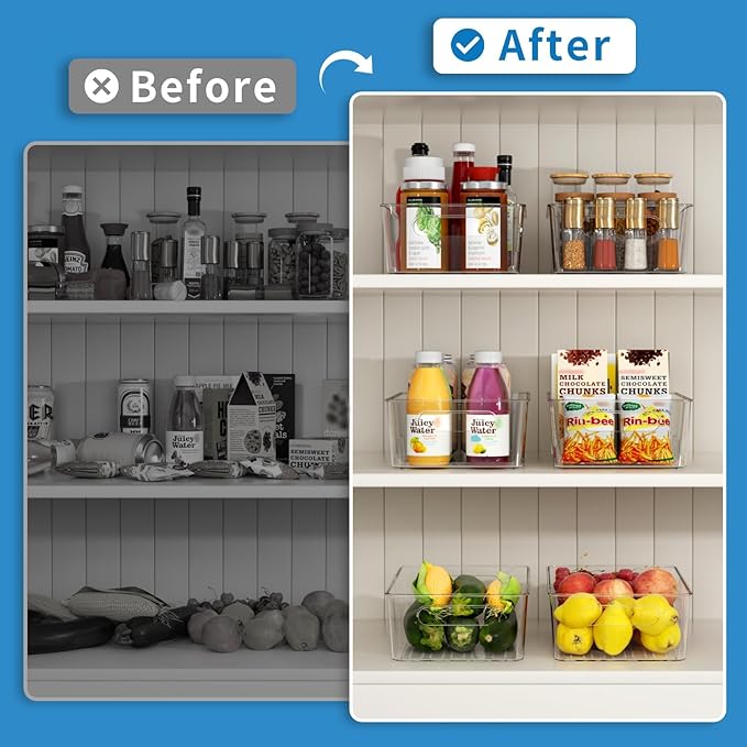4 Pack Clear Pantry Organizers and Storage Bins with Divider, Transparent Plastic Basket, Refrigerator and Fridge Bins