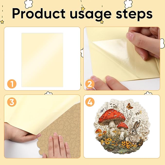 Rabbit Mushroom Wooden Jigsaw Puzzle for Adult and Kids 200 Pcs Unique Shape Multicolor Bunny Wood Box Fun Challenge Brain Teaser Family Game Creative Gift for Friends Rompecabezas Madera