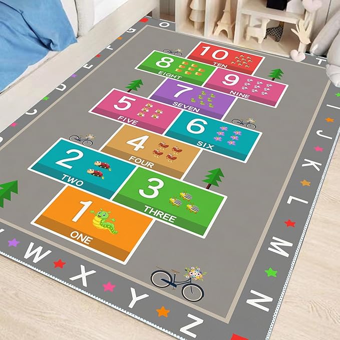 Hopscotch Play Rug Carpet for Kids, ABC Alphabet Number Educational Rug, Children's Counting Game Mat for Playroom, Classroom, Bedroom and Nursery (Grey, 47x71 in)