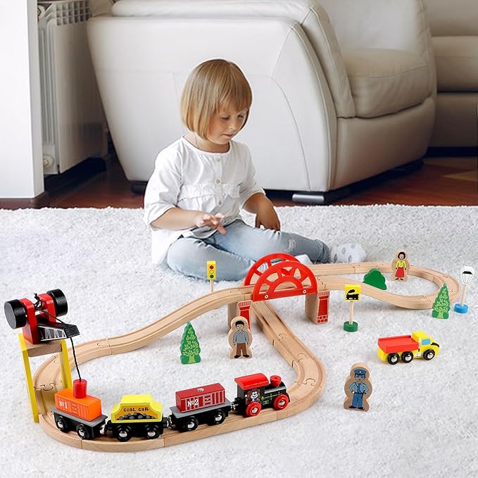 Qilay Wooden Train Set for Toddler - 39 Pcs Wooden Train Tracks with Crane, Bridge & 5 Wooden Trains - Train Toys for 3,4,5 Year Old Boys & Girls - Fit All Major Bands Train Tracks Set