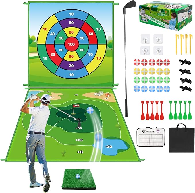Golf Chipping Game Mat: 70"x70" Double-Sided 2in1 Golf Hitting Mat, Golf Chip and Practice Set with Stick Ball&Dart for Backyard Indoor Outdoor Family Battle Game, Christmas Ideal Gift for Kids Adults