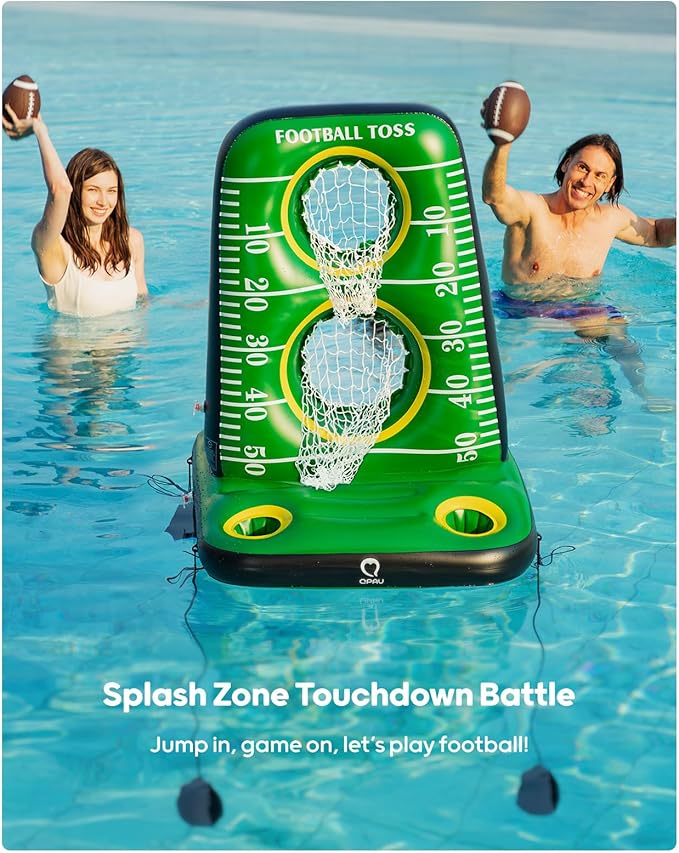 QPAU Inflatable Football Toss Game for Pool – Water Football Target with 4 Balls & 2 Pumps, Dual Net Design, Stable Base, Summer Pool Game for Kids & Adults