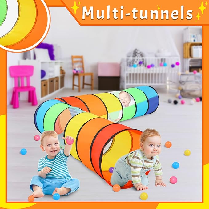 Kids Play Tunnel for Toddlers, 5.7 Foot Pop Up Crawl Through Tunnel Play Tent for Baby Infant Children or Dog with 2 Mesh Sides, Kids Tunnel Toys or Gift Indoor & Outdoor (Rainbow Crawling Tunnel)
