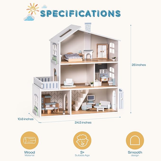ROBUD Doll House, Wooden Dollhouse with 6 Rooms, 29-pcs Realistic Accessories, Dollhouse Playset for 4-6 Inch Dolls, Gifts for Kids & Toddlers, Nordic Style, Ages 3+