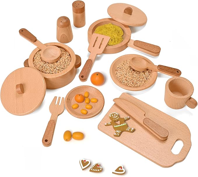 Play Kitchen Accessories Montessori Wooden Toys Kids Kitchen Set Cookware Plates Dishes Pots Pans Cooking Playset 15 Pieces Sensory Toys for Toddlers Girls Boys With Storage Bag